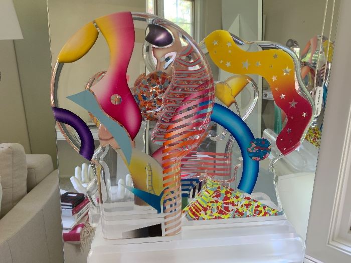 Yankel Ginzburg Acrylic Sculpture "Paradise" Signed and numbered.(numbered 23/45) and entitled "Paradise"
Magnificent movable five piece painted acrylic sculpture by world famous artist Yankel Ginzburg whose work is given by the government to foreign diplomats, collected by true art lovers. This piece has a male profile, a female profile, the lovers, with another piece representing Paradise, and the fourth the World. Moving the 4 pieces around in the slots in the base, changing their positions, is such a joy, giving deep meaning to the love of the two in Paradise.