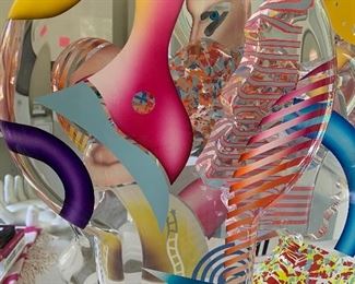 Yankel Ginzburg Acrylic Sculpture "Paradise" Signed and numbered.(numbered 23/45) and entitled "Paradise"
Magnificent movable five piece painted acrylic sculpture by world famous artist Yankel Ginzburg whose work is given by the government to foreign diplomats, collected by true art lovers. This piece has a male profile, a female profile, the lovers, with another piece representing Paradise, and the fourth the World. Moving the 4 pieces around in the slots in the base, changing their positions, is such a joy, giving deep meaning to the love of the two in Paradise.