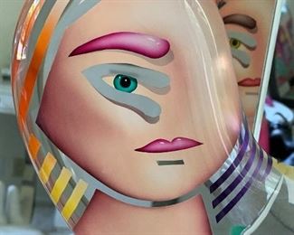 Yankel Ginzburg Acrylic Sculpture "Paradise" Signed and numbered.(numbered 23/45) and entitled "Paradise"
Magnificent movable five piece painted acrylic sculpture by world famous artist Yankel Ginzburg whose work is given by the government to foreign diplomats, collected by true art lovers. This piece has a male profile, a female profile, the lovers, with another piece representing Paradise, and the fourth the World. Moving the 4 pieces around in the slots in the base, changing their positions, is such a joy, giving deep meaning to the love of the two in Paradise.