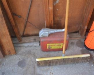 VINTAGE METAL GAS CAN, PUSH BROOM, SPRAYER