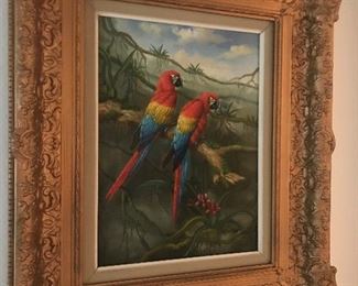 Victorian frame with oil on canvas parrots 