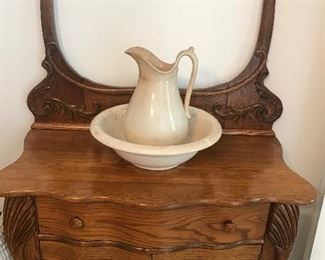 Wonderful antique wash stand with towel bar also have 2 pitchers & bowl sets 