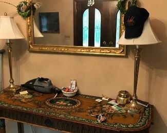 Gilded mirror, pair of lamps and painted console table (purchased at Scarlet Fox).