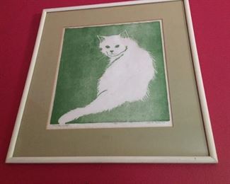 Framed and matted picture of cat.