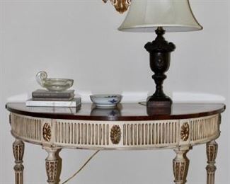 Pair of painted E.J. Victor “Newport Mansion Collection” Louis XVI style Demi lune tables
