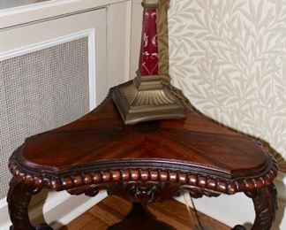 Interesting mahogany stool, brass and tole desk lamp