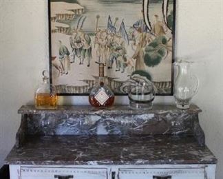 Pair of Chinese landscapes, distressed wood marble top bar