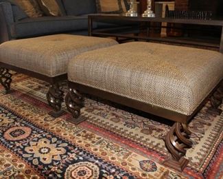 Pair of upholstered stools with iron twist base and legs