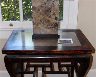 Mahogany lamp table with inset marble top, and decorator lighting throughout house