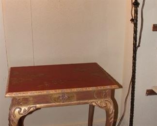 Asian painted table, iron and shell shade floor lamp