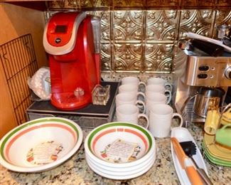 Keurig coffee maker; Pfaltzgraff coffee mugs; pasta set