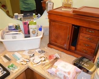 costume jewelry, bath accessories, jewelry cabinet (door needs to be reattached - easy repair)