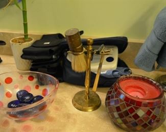 Vintage brass shaving stand, blood pressure monitor, etc.