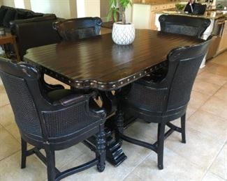 Item:  Tommy Bahama Dining Table & 4 Chairs 
Condition:   Excellent
Measurements: 64w x 38d x 36h
Description:  Tommy Bahama Kingstown sienna bistro table with 4 Dunkirk Swivel Counter Stools.  

Price: $2,800
