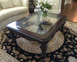 Item:   Lexington Rossa Cocktail Coffee Table
Condition:   Excellent
Measurements: 56w x x44d x 20h
Description:  Fabulous wood coffee table with glass insert.

Price:  $800
