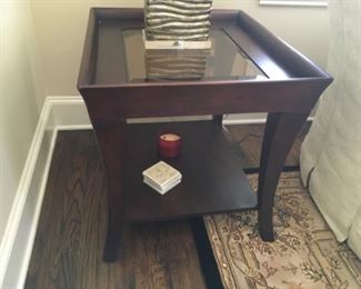 Item:   Rectangular end table with glass insert and  2nd shelf 
Condition:   Excellent  
Measurements: 24w x 28d x 25h

Price:  $100
