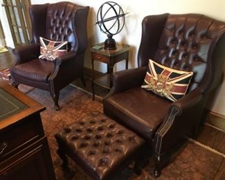 Item:   Pair of burgundy leather wing back chairs with single ottoman
Maker:  Custom made for client
Condition: Good+  
Measurements: 29w x 33d x 42h
                              21w x 17d x 15h (ottoman)
Description:  Button tufted, studded, cabriole legs.

Price:  $850

