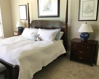 Item:   Thomasville King Bedroom set including Bed, S & F mattress, 2 side tables
Condition:   Good +
Measurements: King
Description:  Selling this as a set includes bed, mattress and 2 end tables.
Side tables measure 30w x 19d x 29h

Price:  $2,500
