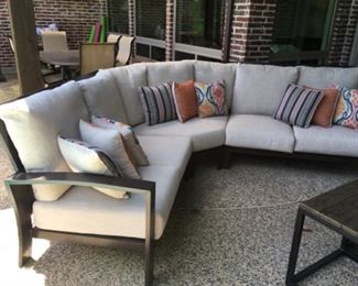Item: NFM half circle sectional outdoor seating
Condition:  Excellent
Measurements:  12’w x 8’d x 38”h
Description:  Fabulous outdoor seating for a large outdoor area.  

Price: $1,500

