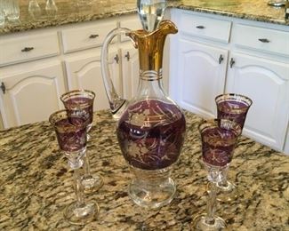 Item:  Czech decanter & 4 sherry stems painted amethyst
Condition:  Good+
Price:  $100
