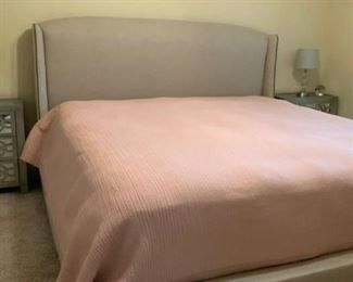 This item is only item I have reserve on: $1,875 is the lowest they will go.                                                                   NFM Linen & rail head King Bed with S&F mattress and bedding
Condition:   Like New
Measurements: King
Price:  $2,500
