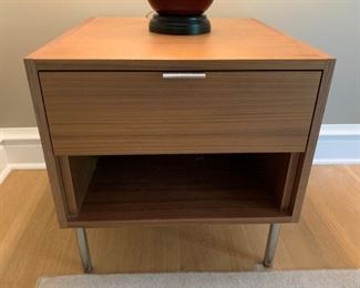 Pair of Room and Board nightstands in Walnut with matt stainless handles. MEASUREMENTS: 22 1/2"H x 22"L x 20 1/2"W. $500 for the pair.