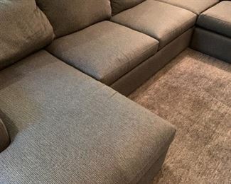 Alternate view - Room and Board sectional with custom fabric and down filled cushions. MEASUREMENTS: Chaise - 33 1/2"H x 33 1/2"W x 63 1/2"L. Mid-Section 33 1/2"H top of back, 20 1/2"H from floor to seat, 62 1/2"L. Corner Piece: 33 1/2"H top of back, 20 1/2"H from floor to seat, 42" Square, Left Arm Piece: 33 1/2"H top of back, 20 1/2"H from floor to seat, 67 1/2" L. PRICE: $1400