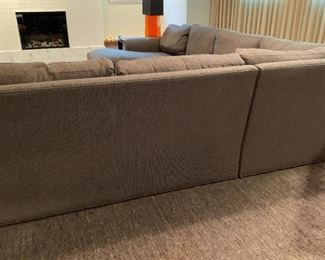 Alternate view - Room and Board sectional with custom fabric and down filled cushions. MEASUREMENTS: Chaise - 33 1/2"H x 33 1/2"W x 63 1/2"L. Mid-Section 33 1/2"H top of back, 20 1/2"H from floor to seat, 62 1/2"L. Corner Piece: 33 1/2"H top of back, 20 1/2"H from floor to seat, 42" Square, Left Arm Piece: 33 1/2"H top of back, 20 1/2"H from floor to seat, 67 1/2" L. PRICE: $1400