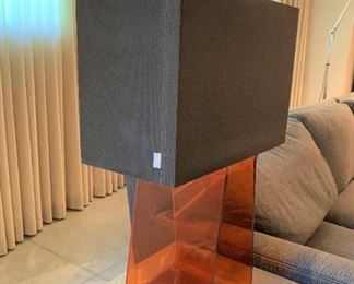 Alternate view - Pablo Tube Top table lamp in orange - needs rewiring. MEASUREMENTS: 26 1/2"H. Shade 18"L x 8 3/4"W. $75