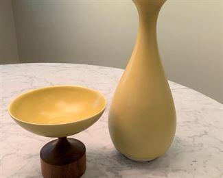Klein Reid pottery vase and bowl on wood pedestal. MEASUREMENTS: Vase 16"H, Bowl 7"H x 8"W. $125