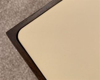 Alternate view - Leather top Knoll coffee table with solid walnut base. MEASUREMENTS: 10"H x 35 1/2" x 35 1/2". $550
