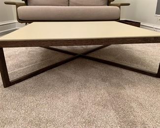 Alternate view - Leather top Knoll coffee table with solid walnut base. MEASUREMENTS: 10"H x 35 1/2" x 35 1/2". $550