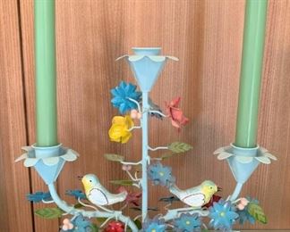 Painted metal birds and flowers candleabra. MEASUREMENTS: 11 1/2"H x 11"W. $25