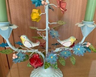 Painted metal birds and flowers candleabra. MEASUREMENTS: 11 1/2"H x 11"W. $25