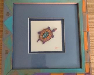 Multimedia artisan created turtle art. MEASUREMENTS: 9 1/2" H x 9 1/2"W. $35