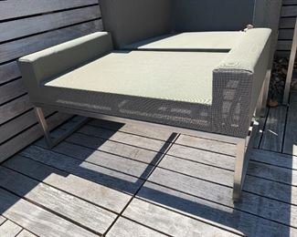 Alternate view - Pair of outdoor chair and ottoman - comes with cushions. MEASUREMENTS: Chair - 24 1/2"H x 31"W x 32 1/2"D. Ottoman - 15 1/2"H x 31"W x 18"D. $700 for the pair - or $400 for one chair and ottoman.