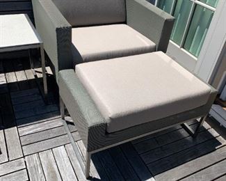Alternate view - Pair of outdoor chair and ottoman - comes with cushions. MEASUREMENTS: Chair - 24 1/2"H x 31"W x 32 1/2"D. Ottoman - 15 1/2"H x 31"W x 18"D. $700 for the pair - or $400 for one chair and ottoman.