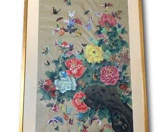 100 Painted Butterflies on Silk from China. Large and heavy piece. MEASUREMENTS: 51"H x 30"W x 2"D. $200