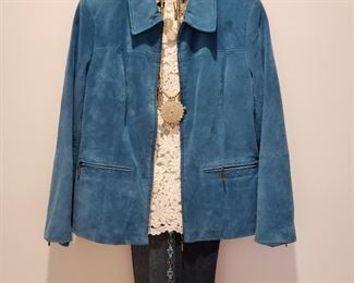 Suede jacket, Talbots new lace blouse and beaded jeans, small size clothing