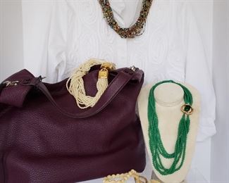 Leather handbag and costume jewelry