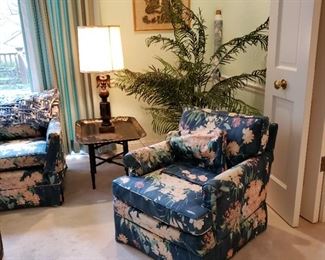 Floral upholstered armchair, tole painted tray on stand, faux floral
