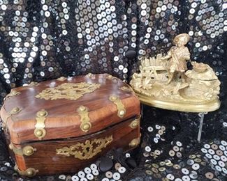Antique mahogany and brass sewing box and an antique gilted bronze inkwell