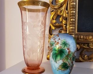 Enamel vase and a pink etched glass vase