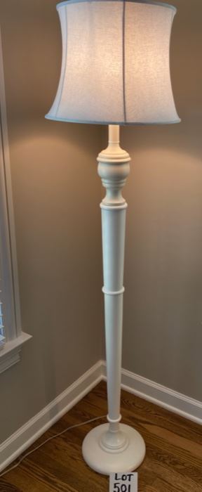 Lot 501.  $85.00.  White Floor Lamp - we believe it was from Pottery Barn.  Nice, clean lines. 63"tall, 16"wide.