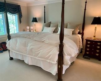 Lot 511.   $1200.00  Statton King Size Bed, Luxury pillow top Mattress about 16-17" high, PLUS a pillow top mattress pad.  All this bedding (comforters, blankets, sheets, pillows, and cases are NOT FOR SALE.  That said, we have a custom bedding set for sale that matches the valances on the window here that we're showing on a different lot, and the valances are for sale too. This photo gives you an idea of how cute this bed could look - makes you want to dive right in!