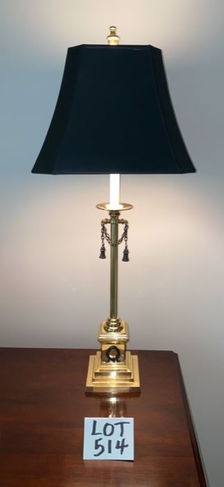Lot 514.   $225.00  Baker, Knapp, Tubbs Lamp 32” tall. Brass lamp and black shade. Highest quality!
