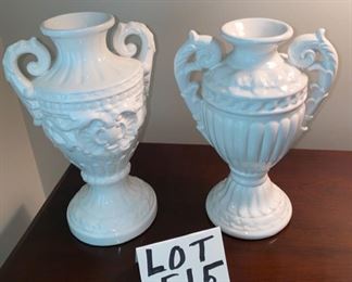 Lot 515. $90.00/Pr. Two striking two-handle White urns.  The one on the right has a lid we found, and the one on the left never came with one.  12”x11.5” high.