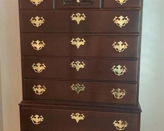 Lot 517 -$750.00  Statton Chippendale Style  Chest-on-Chest - LOTS of elegant storage.  82” tall, 37” wide, 20” deep. Neat as a pin.  Statton was a manufacturer of Colonial Reproductions from the 1700s, all Hand-Made pieces by skilled craftsmen.  The company ranks with Kittinger and Biggs or Henckel-Harris for their beautiful solid wood furniture.  This is a mahogany piece in perfect condition.