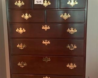 Lot 519.  $600.00 Statton Tall Dresser Chest with 9 drawers.  Measures 64” X 44”wide x 22” deep.  Statton is no longer in business, however they were on equal footing with Kittinger and Henckel-Harris as a fine manufacturer of 18th century Colonial Reproductions, made completely by hand by skilled craftsmen.  This price is a steal.  