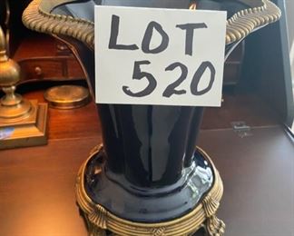 Lot 520.  $50.00  Beautiful blue urn, footed with toes, brass stand and brass ornamental rim around top.  11” wide, 9” deep, 12.5” tall.